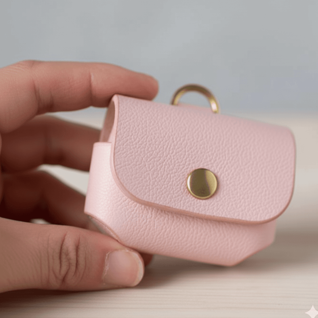 パステルピンクの植物タンニンなめし革のAirPodsケース|名入れ可・色変更可|バッグ取り付けOK1枚目の画像