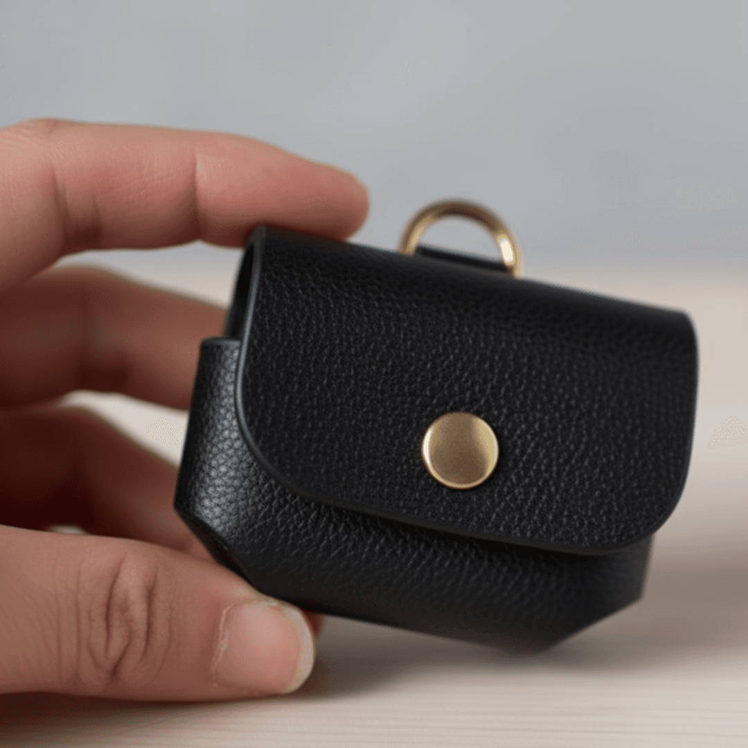 ブラック植物タンニンなめし革のAirPodsケース|名入れ可・色変更可|バッグ取り付けOK1枚目の画像