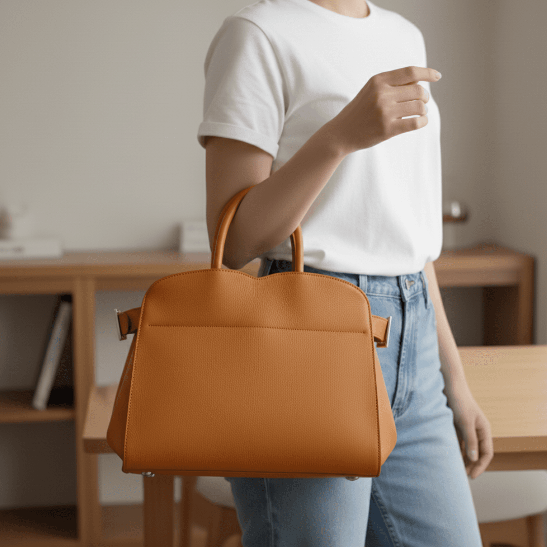 キャメルブラウン|イタリアン植物タンニンなめし革のA4ハンドバッグ(自立型)1枚目の画像