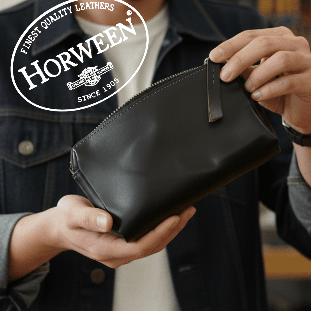 クロムエクセルレザーのダブルジップファスナーガジェットポーチ ブラック(茶芯)|小物の収納に最適な上質レザーポーチ1枚目の画像