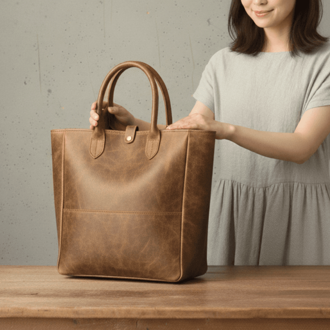 イタリアンレザートート|プルアップの艶を愉しむバケッタ製法|A4収納・自立型 ナチュラル1枚目の画像