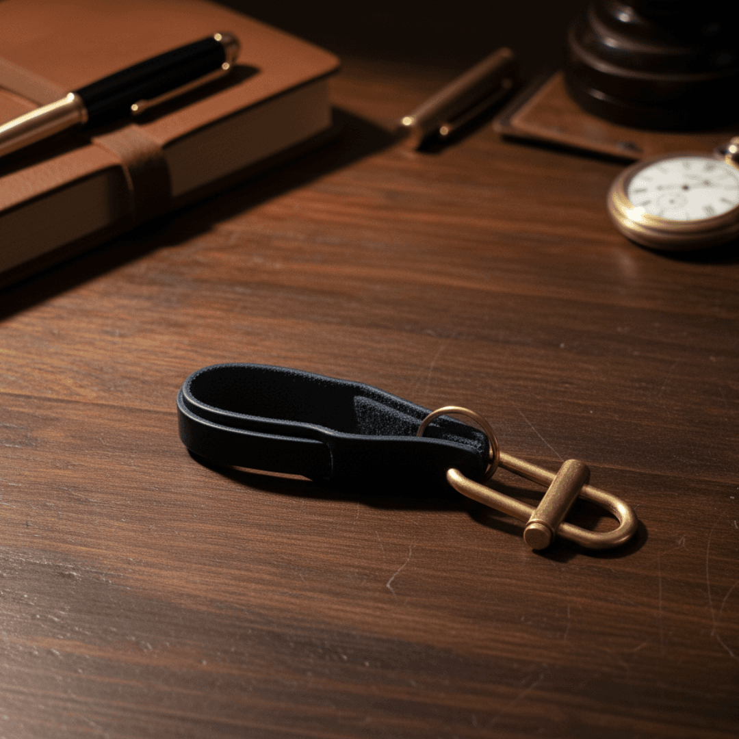 真鍮×イタリアンレザーヌメ革 スライドロック式キーホルダー|真鍮二重カン20mm付/名入れ・ロゴ刻印可 ブラック1枚目の画像