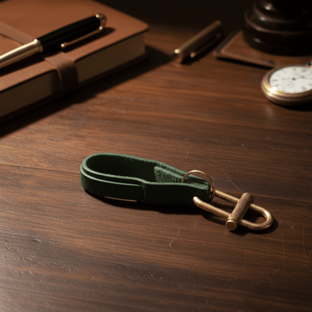 真鍮×イタリアンレザーヌメ革 スライドロック式キーホルダー|真鍮二重カン20mm付/名入れ・ロゴ刻印可 グリーン1枚目の画像