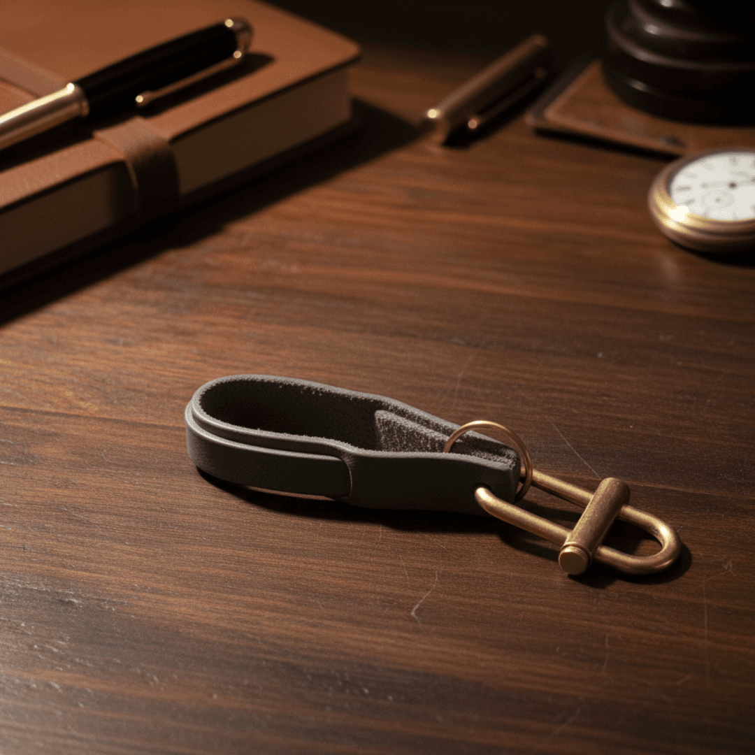 真鍮×イタリアンレザーヌメ革 スライドロック式キーホルダー|真鍮二重カン20mm付/名入れ・ロゴ刻印可 グレー1枚目の画像
