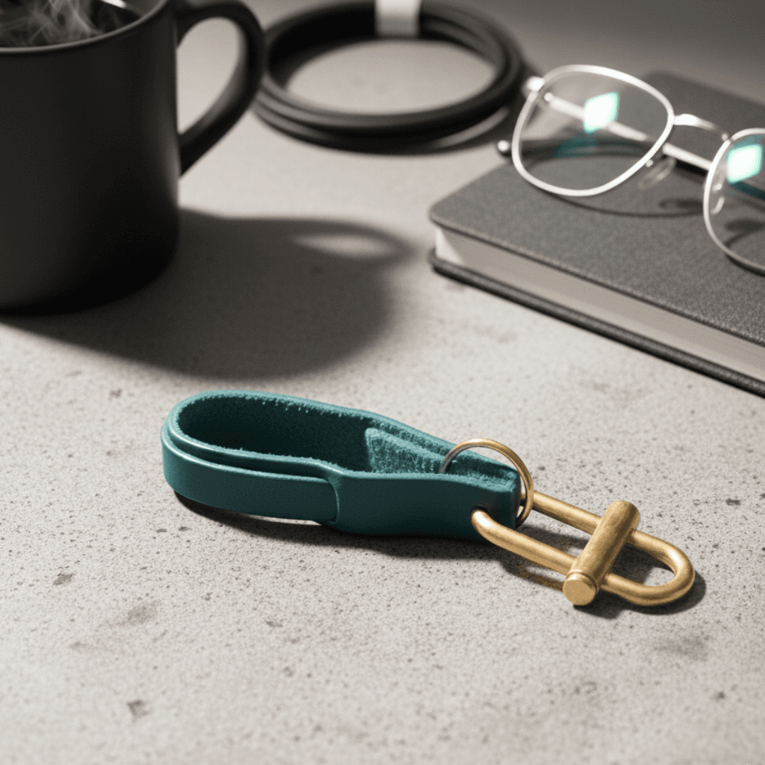 真鍮×イタリアンレザーヌメ革 ターコイズブルースライドロック式キーホルダー|真鍮二重カン20mm付/名入れ・ロゴ刻印可1枚目の画像